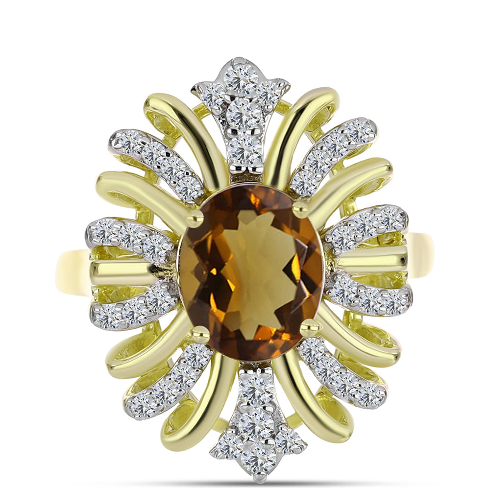 Anillo de Plata Bañada en Oro con Cuarzo Coñac y Topacio Blanco 1 