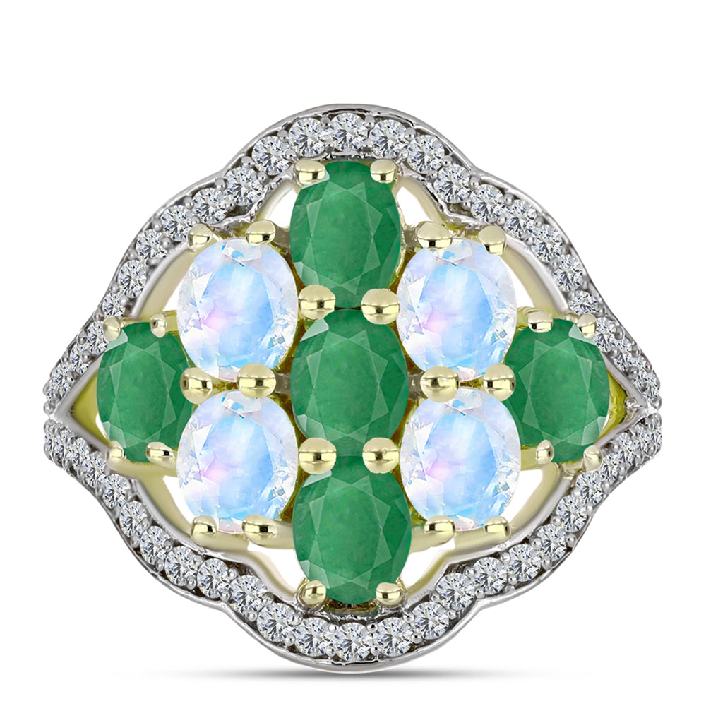 Anillo de Plata Bañada en Oro con Esmeralda de Brasil y Piedra Lunar Arco Iris 1 