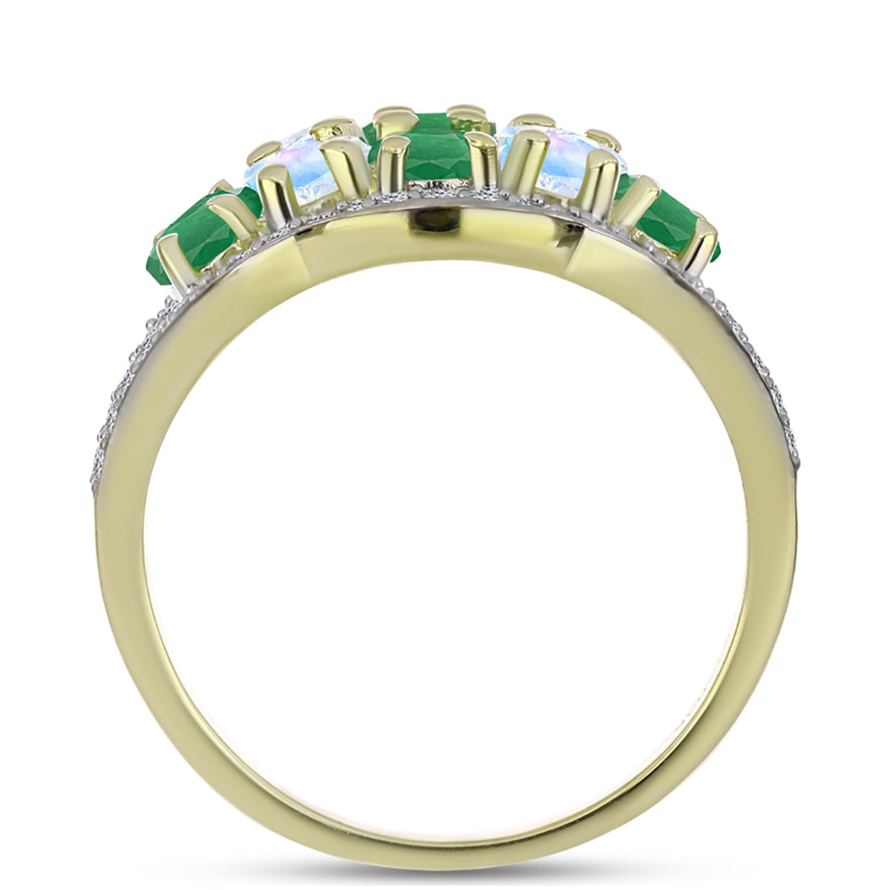 Anillo de Plata Bañada en Oro con Esmeralda de Brasil y Piedra Lunar Arco Iris