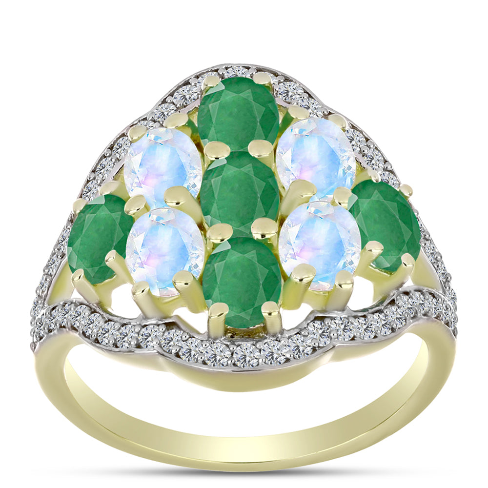 Anillo de Plata Bañada en Oro con Esmeralda de Brasil y Piedra Lunar Arco Iris