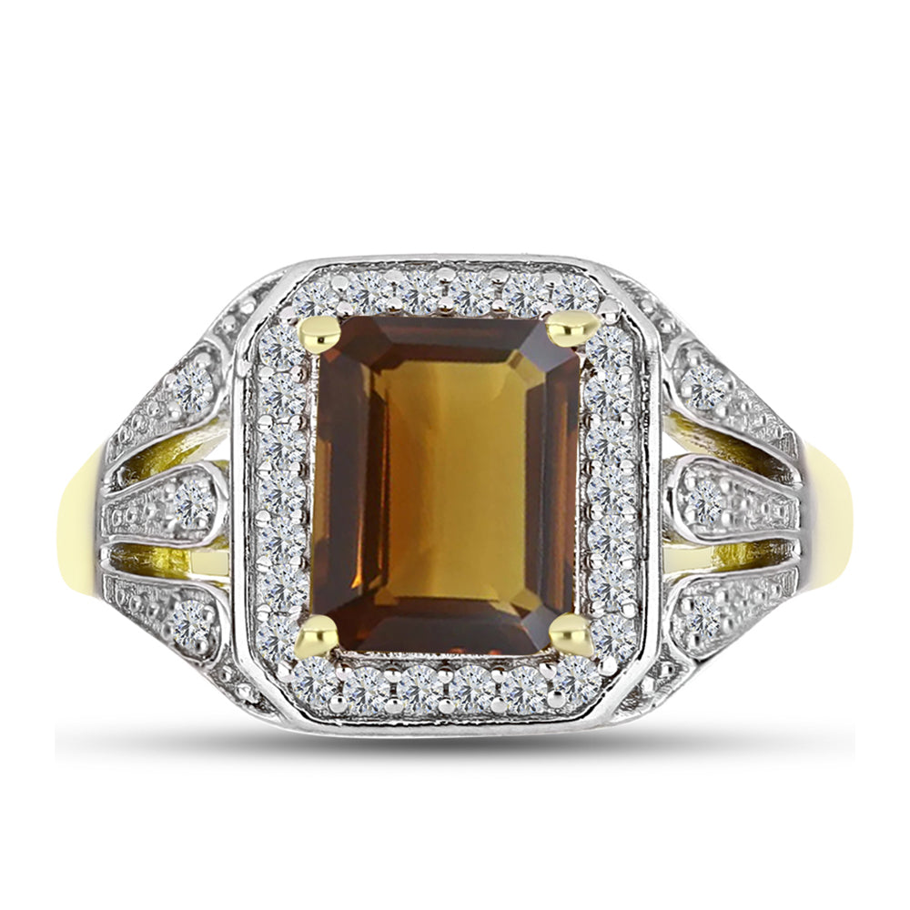 Anillo de Plata Bañada en Oro con Cuarzo Coñac y Topacio Blanco