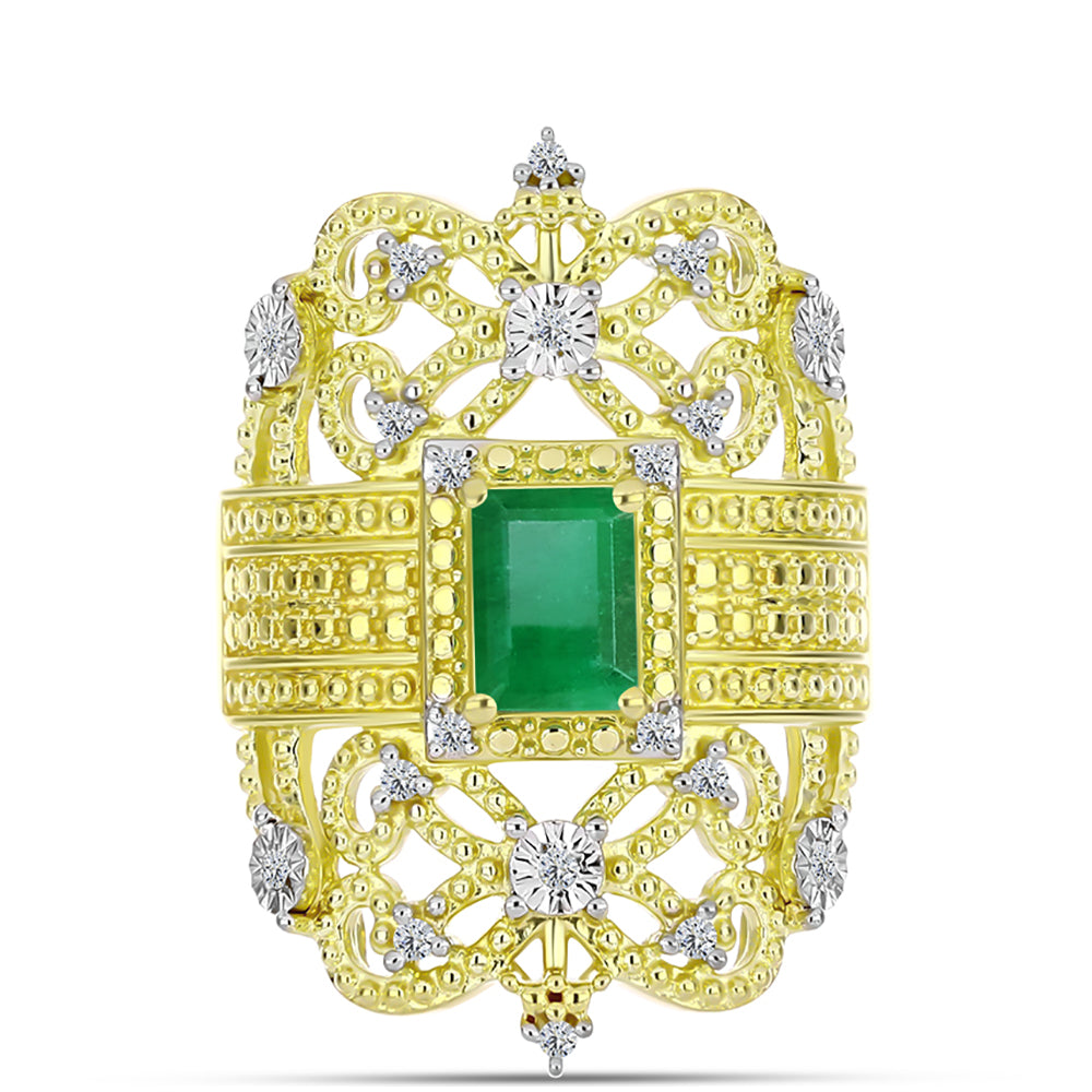 Anillo de Plata Bañada en Oro con Esmeralda de Brasil y Topacio Blanco