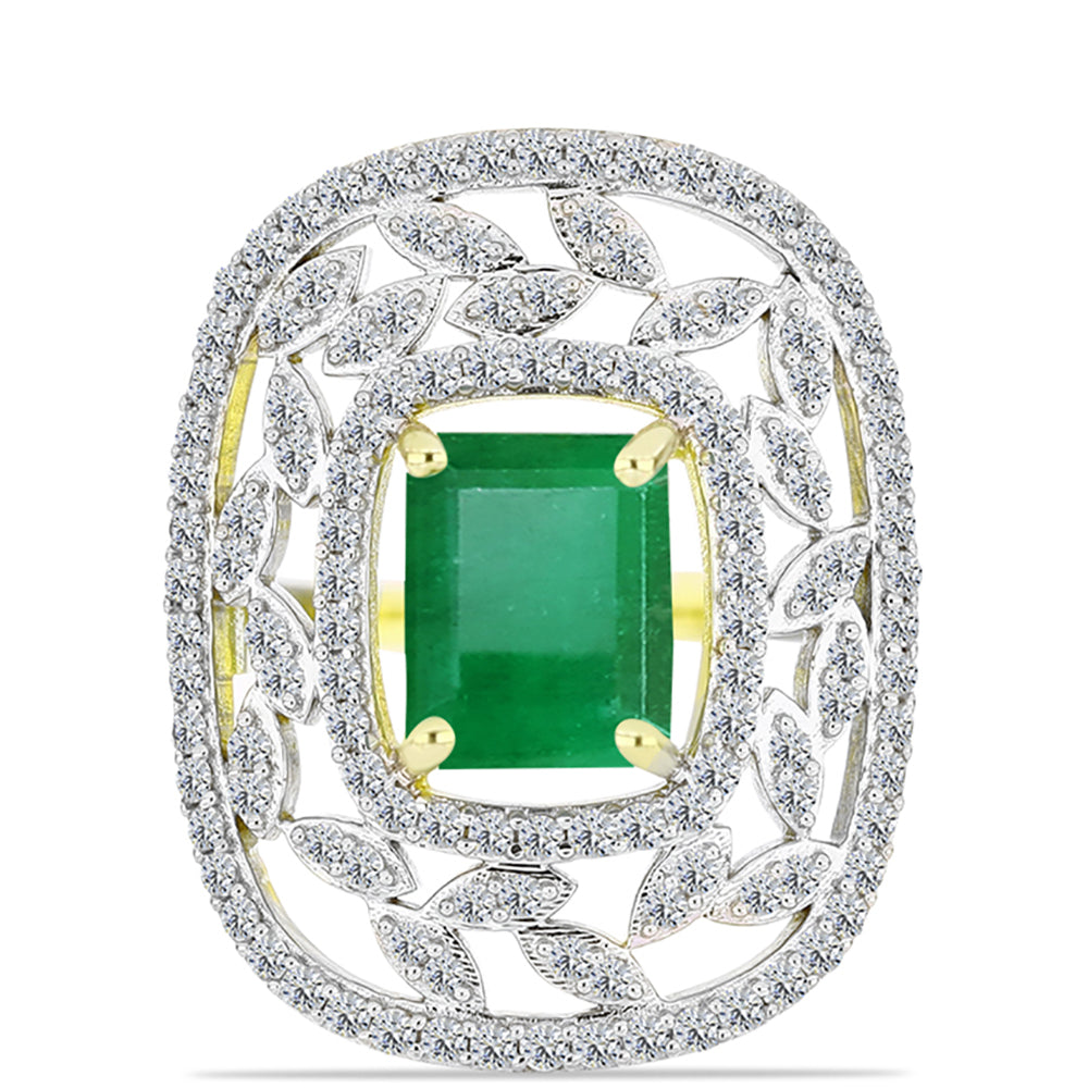 Anillo de Plata Bañada en Oro con Esmeralda de Brasil y Topacio Blanco