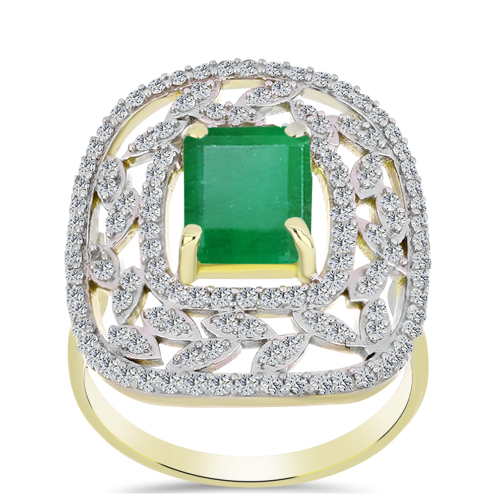 Anillo de Plata Bañada en Oro con Esmeralda de Brasil y Topacio Blanco 3 