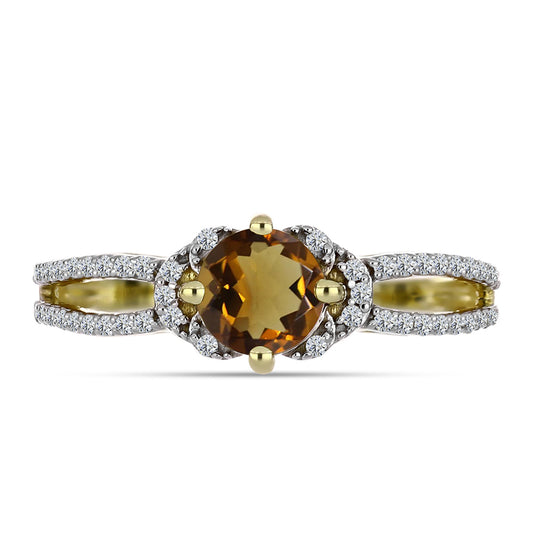 Anillo de Plata Bañada en Oro con Cuarzo Coñac y Topacio Blanco