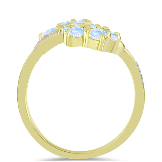 Anillo de Plata Bañada en Oro con Piedra Lunar Arco Iris y Topacio Blanco
