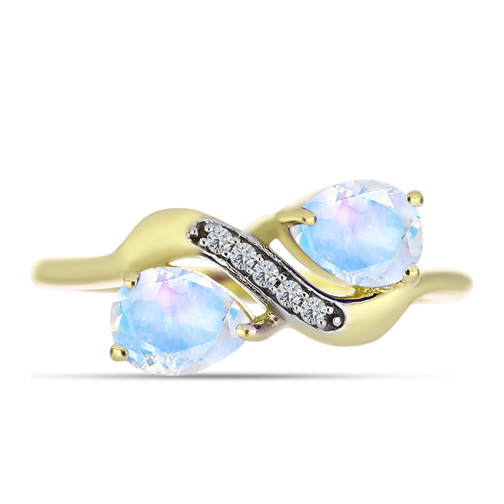 Anillo de Plata Bañada en Oro con Piedra Lunar Arco Iris y Topacio Blanco