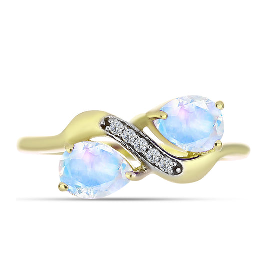 Anillo de Plata Bañada en Oro con Piedra Lunar Arco Iris y Topacio Blanco