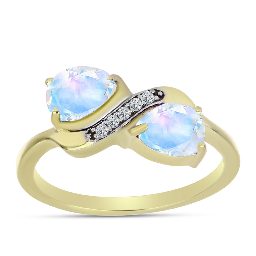 Anillo de Plata Bañada en Oro con Piedra Lunar Arco Iris y Topacio Blanco 3 