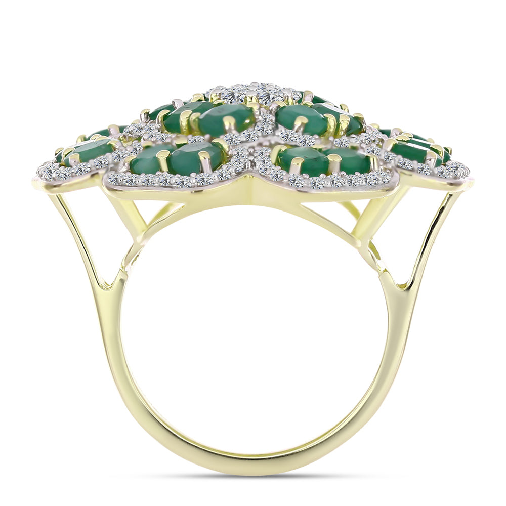 Anillo de Plata Bañada en Oro con Esmeralda de Brasil y Topacio Blanco