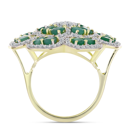 Anillo de Plata Bañada en Oro con Esmeralda de Brasil y Topacio Blanco