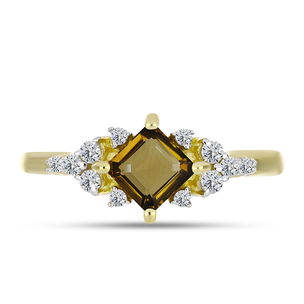 Anillo de Plata Bañada en Oro con Cuarzo Coñac y Topacio Blanco