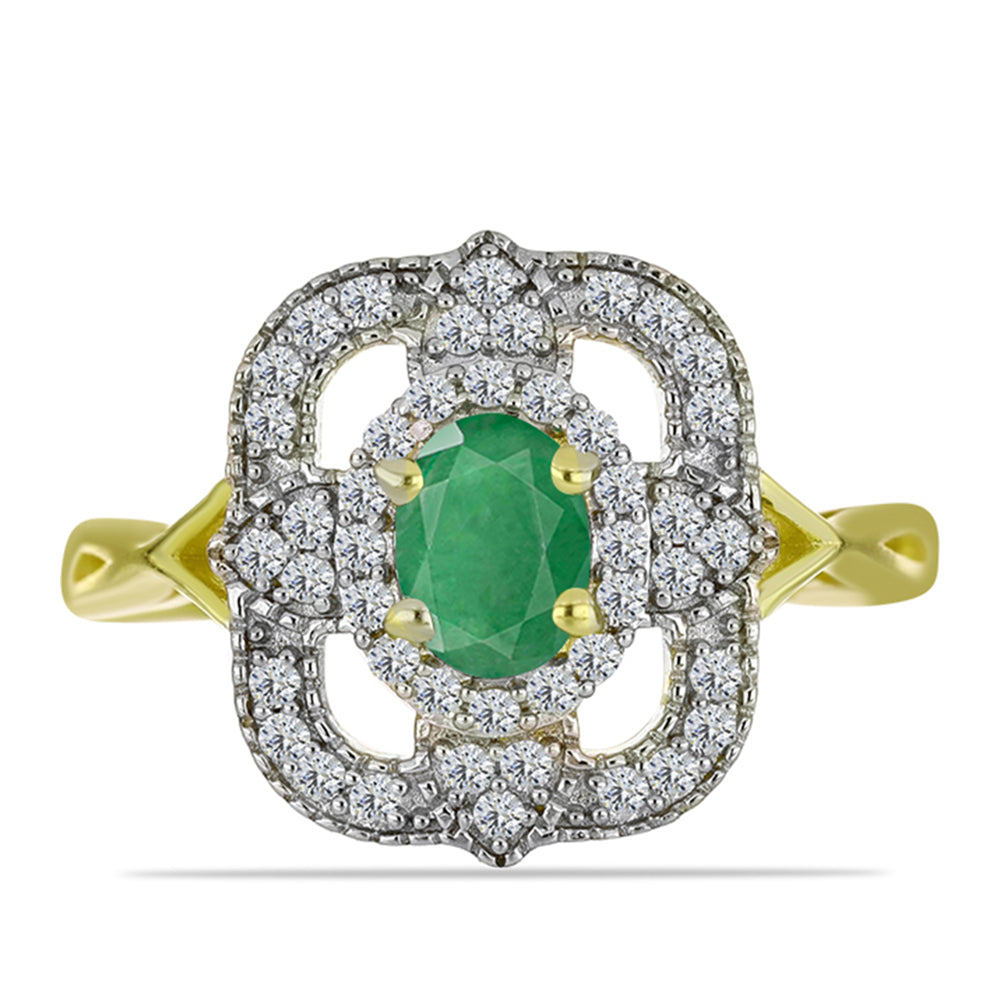 Anillo de Plata Bañada en Oro con Esmeralda de Brasil y Topacio Blanco