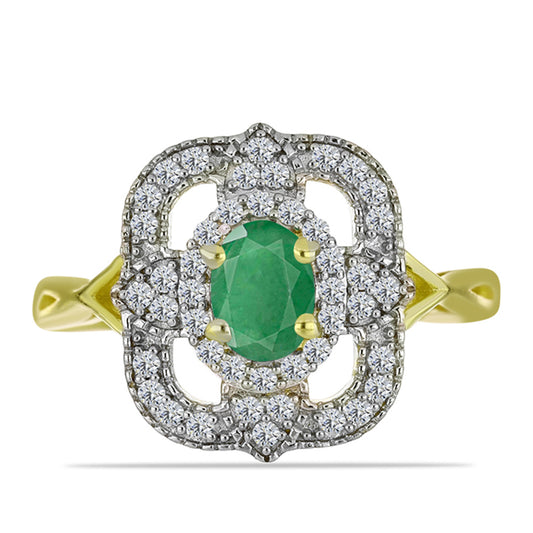 Anillo de Plata Bañada en Oro con Esmeralda de Brasil y Topacio Blanco