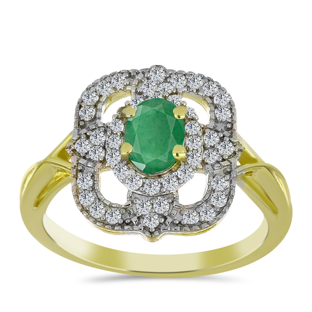 Anillo de Plata Bañada en Oro con Esmeralda de Brasil y Topacio Blanco