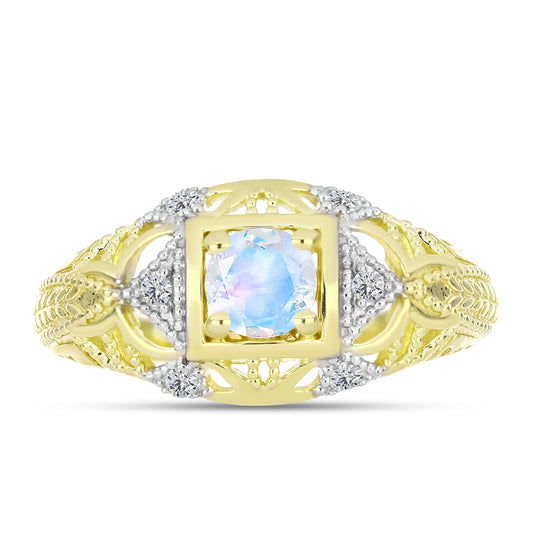 Anillo de Plata Bañada en Oro con Piedra Lunar Arco Iris y Topacio Blanco