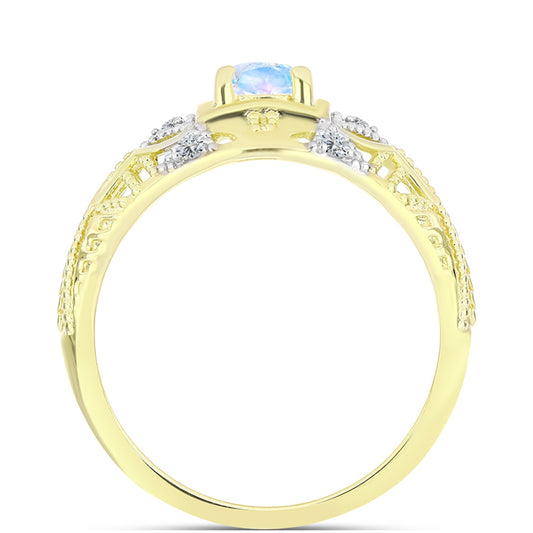 Anillo de Plata Bañada en Oro con Piedra Lunar Arco Iris y Topacio Blanco