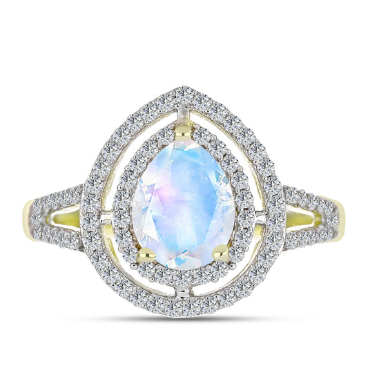 Anillo de Plata Bañada en Oro con Piedra Lunar Arco Iris y Topacio Blanco