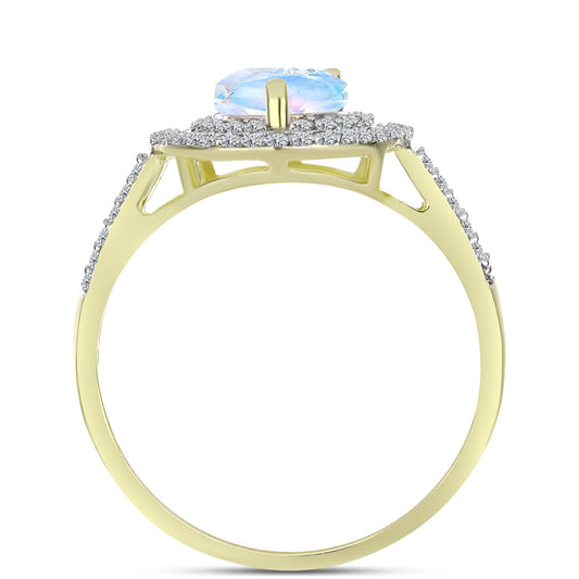 Anillo de Plata Bañada en Oro con Piedra Lunar Arco Iris y Topacio Blanco