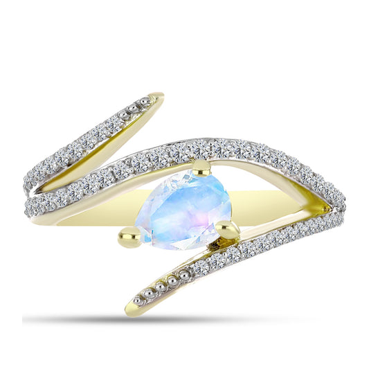 Anillo de Plata Bañada en Oro con Piedra Lunar Arco Iris y Topacio Blanco