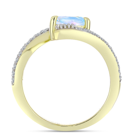 Anillo de Plata Bañada en Oro con Piedra Lunar Arco Iris y Topacio Blanco