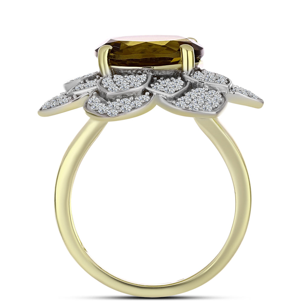Anillo de Plata Bañada en Oro con Cuarzo Coñac y Topacio Blanco