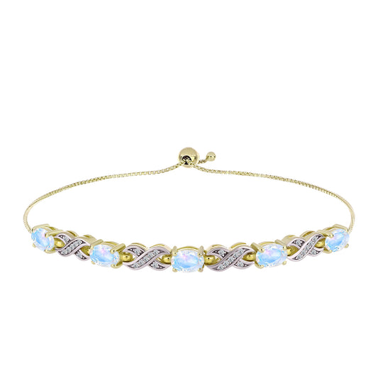 Pulsera de Plata Bañada en Oro con Piedra Lunar Arco Iris y Topacio Blanco