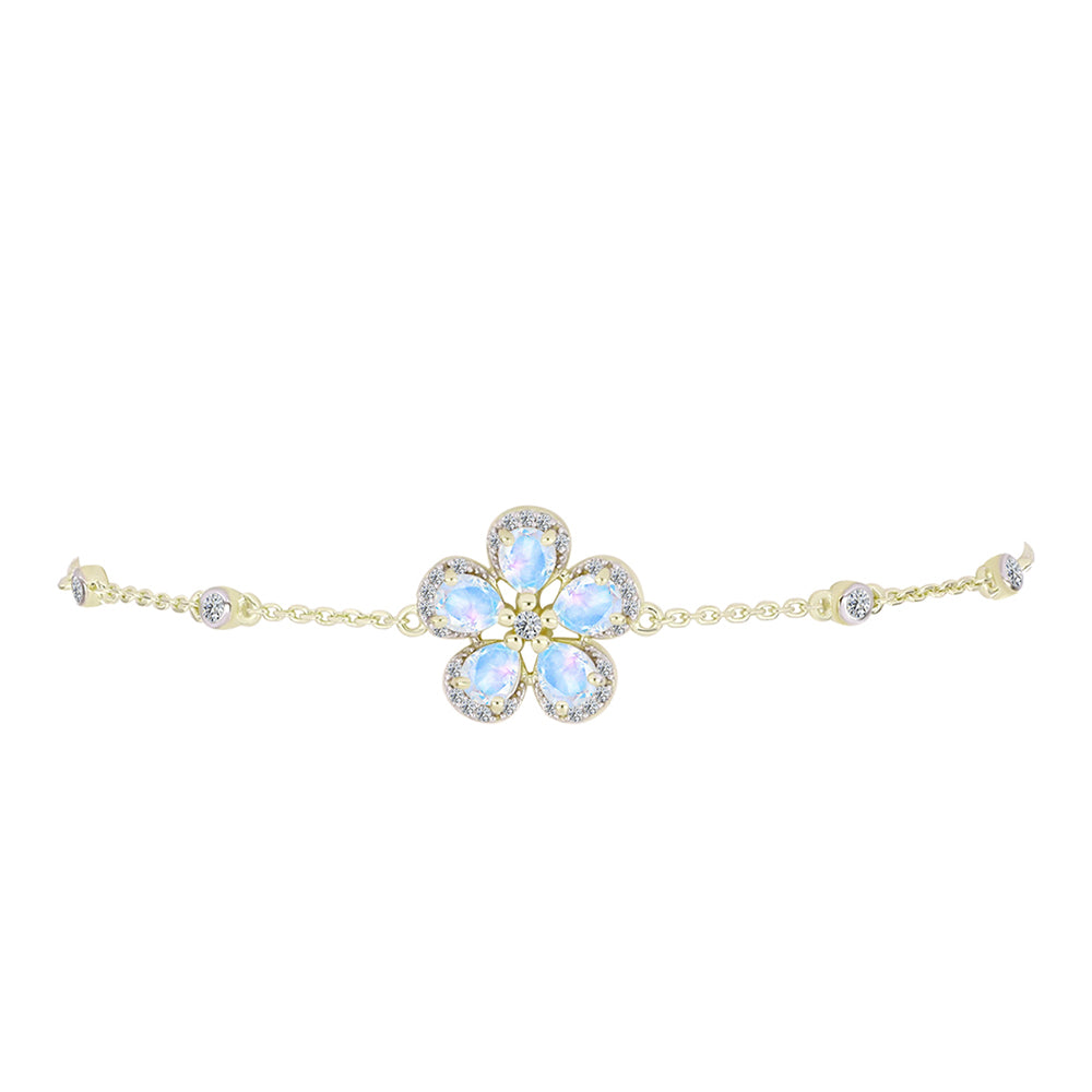 Pulsera de Plata Bañada en Oro con Piedra Lunar Arco Iris y Topacio Blanco 2 