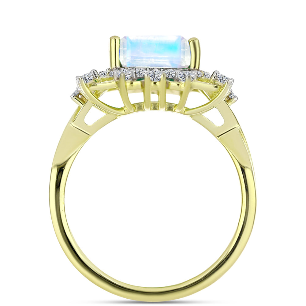 Anillo de Plata Bañada en Oro con Piedra Lunar Arco Iris y Topacio Blanco
