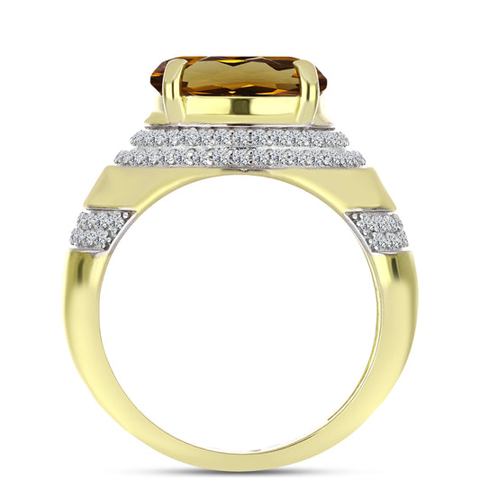 Anillo de Plata Bañada en Oro con Cuarzo Coñac y Topacio Blanco