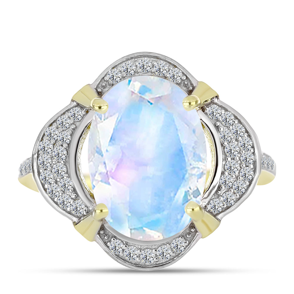 Anillo de Plata Bañada en Oro con Piedra Lunar Arco Iris y Topacio Blanco 1 