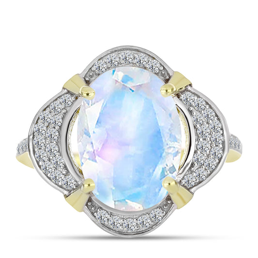 Anillo de Plata Bañada en Oro con Piedra Lunar Arco Iris y Topacio Blanco