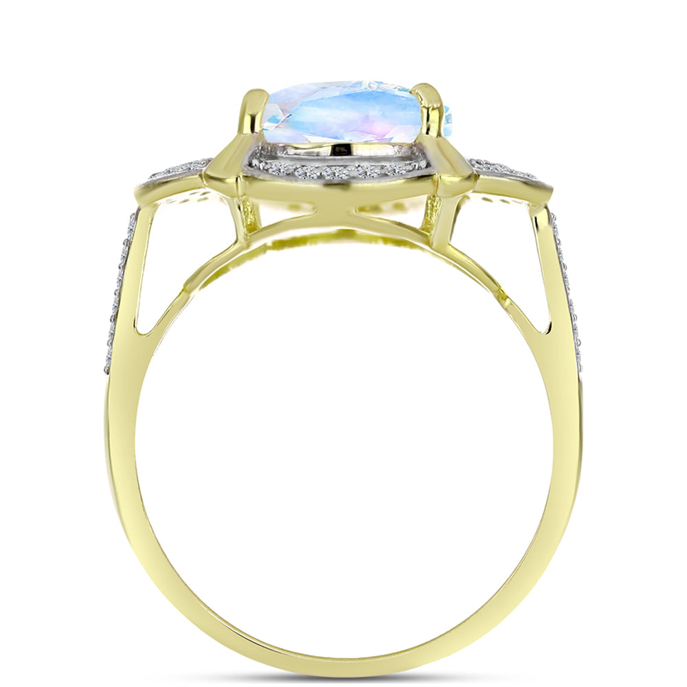 Anillo de Plata Bañada en Oro con Piedra Lunar Arco Iris y Topacio Blanco