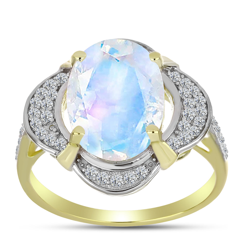 Anillo de Plata Bañada en Oro con Piedra Lunar Arco Iris y Topacio Blanco 3 