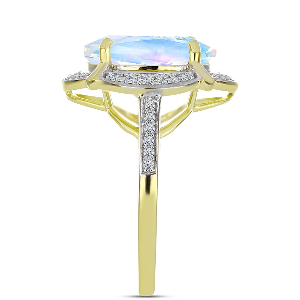 Anillo de Plata Bañada en Oro con Piedra Lunar Arco Iris y Topacio Blanco 4 