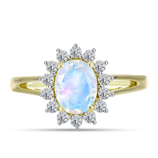 Anillo de Plata Bañada en Oro con Piedra Lunar Arco Iris y Topacio Blanco