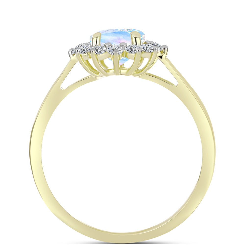 Anillo de Plata Bañada en Oro con Piedra Lunar Arco Iris y Topacio Blanco