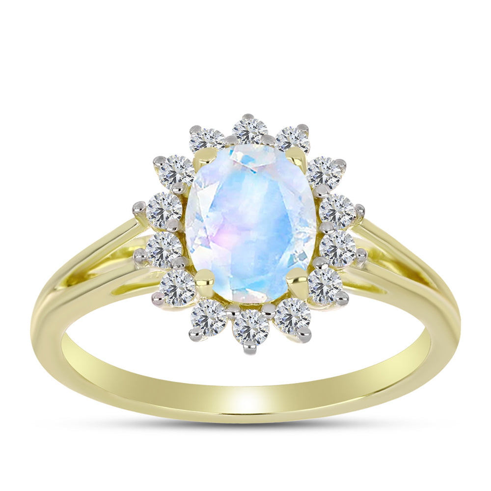 Anillo de Plata Bañada en Oro con Piedra Lunar Arco Iris y Topacio Blanco