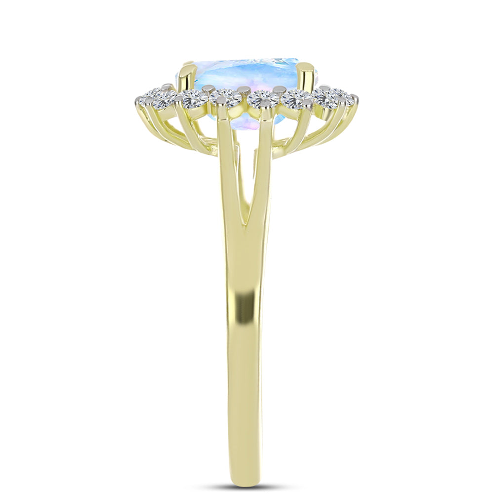 Anillo de Plata Bañada en Oro con Piedra Lunar Arco Iris y Topacio Blanco 4 