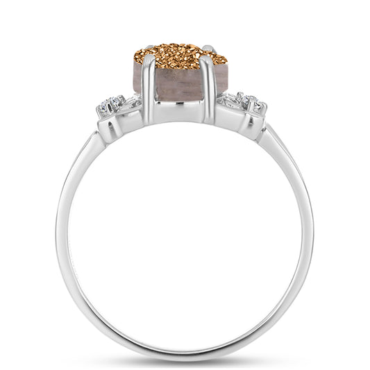 Anillo de Plata con Drusa Dorada y Topacio Blanco