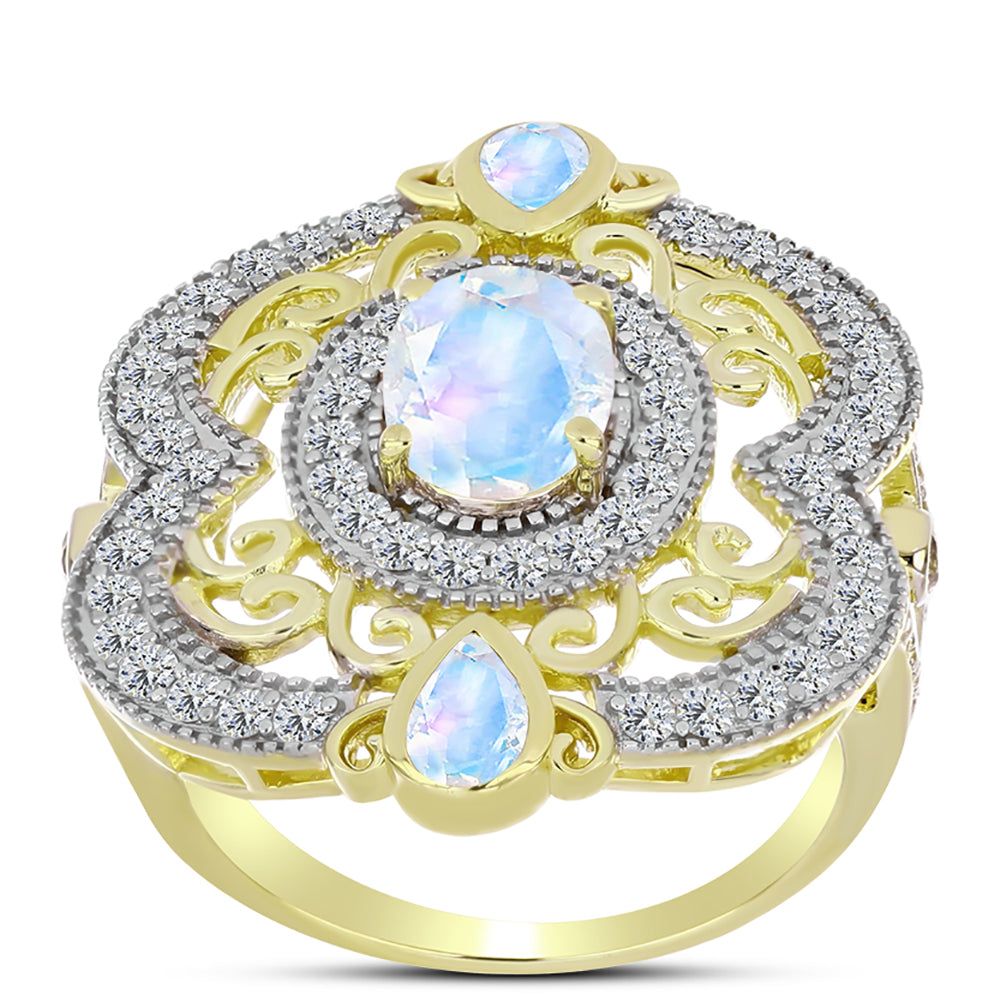 Anillo de Plata Bañada en Oro con Piedra Lunar Arco Iris 3 