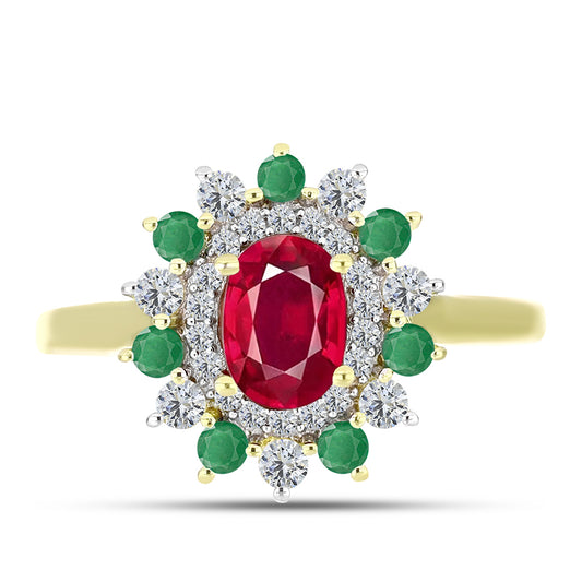 Anillo de Plata Bañada en Oro con Esmeralda de Brasil y Rubí de Madagascar