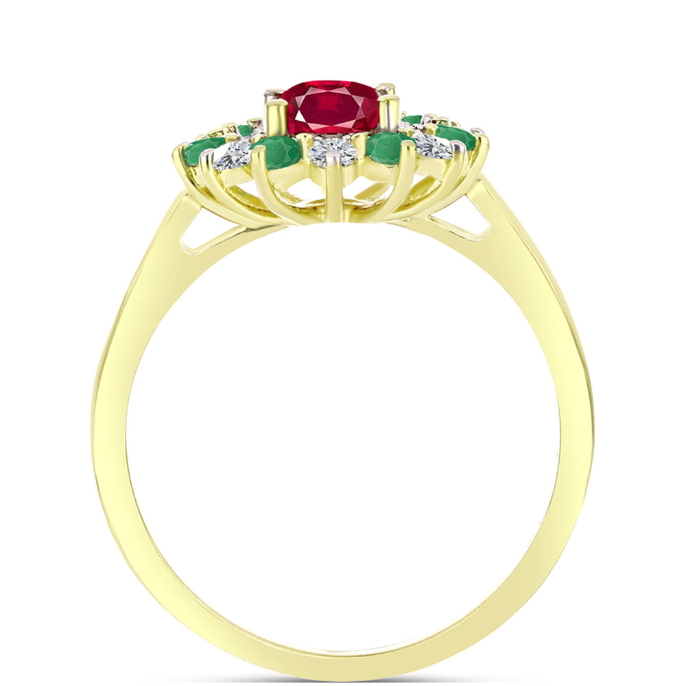 Anillo de Plata Bañada en Oro con Esmeralda de Brasil y Rubí de Madagascar