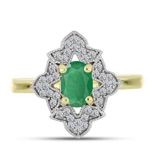 Anillo de Plata Bañada en Oro con Esmeralda de Brasil y Topacio Blanco