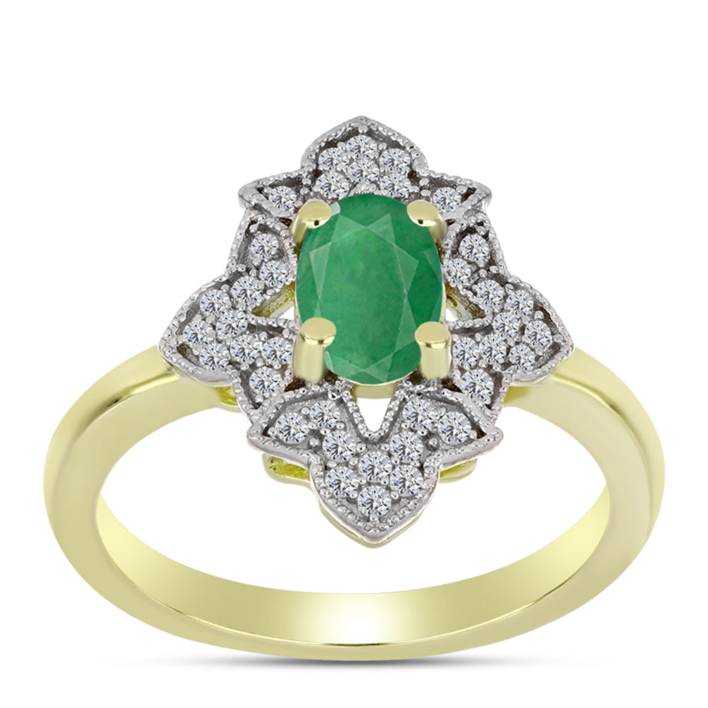 Anillo de Plata Bañada en Oro con Esmeralda de Brasil y Topacio Blanco 3 