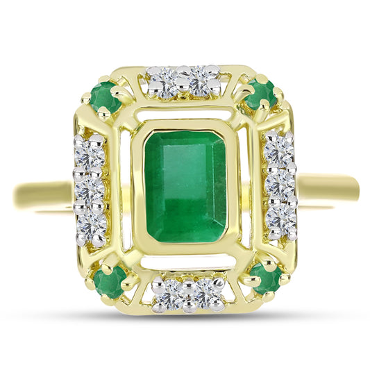 Anillo de Plata Bañada en Oro con Esmeralda de Brasil y Topacio Blanco