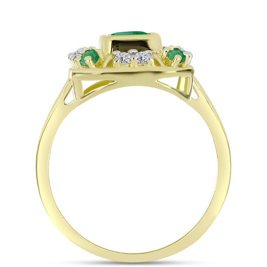 Anillo de Plata Bañada en Oro con Esmeralda de Brasil y Topacio Blanco