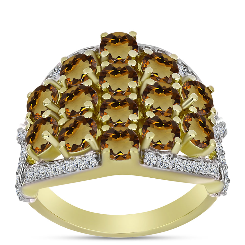 Anillo de Plata Bañada en Oro con Cuarzo Coñac y Topacio Blanco 3 