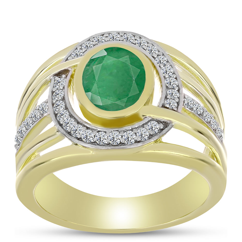 Anillo de Plata Bañada en Oro con Esmeralda de Brasil y Topacio Blanco
