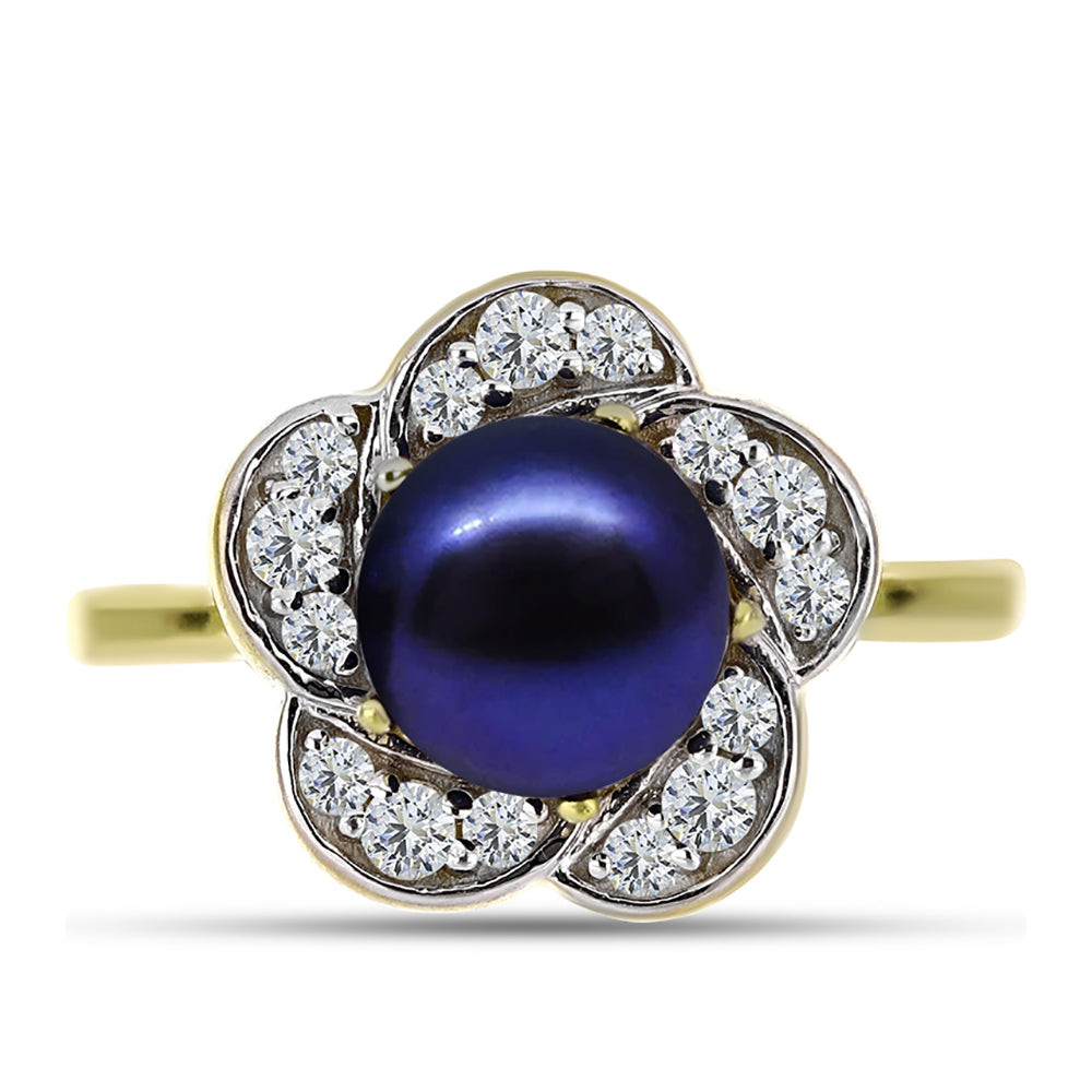Anillo de Plata Bañada en Oro con Perla Negra Cultivada de Agua Dulce y Topacio Blanco